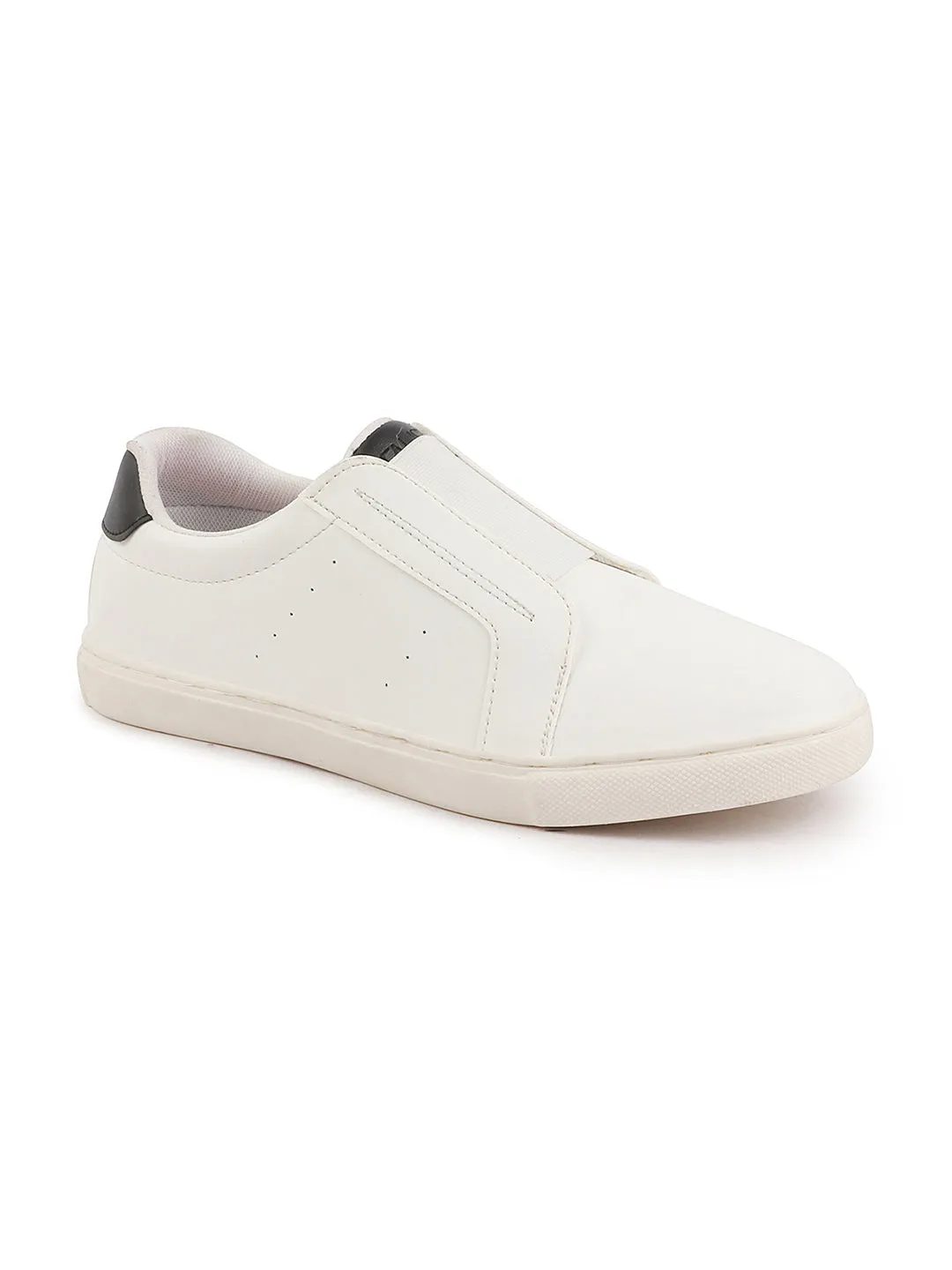 Women White Elastic Closure Stitched Comfort Slip On Sneaker Shoes