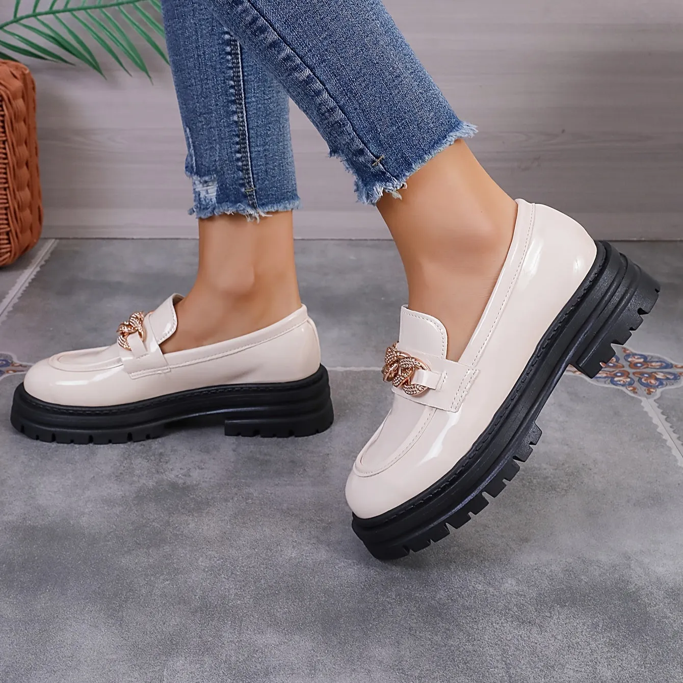 Women's Chain Decor Platform Loafers, Fashion Preppy Style Dress Shoes, Comfortable Slip On Shoes