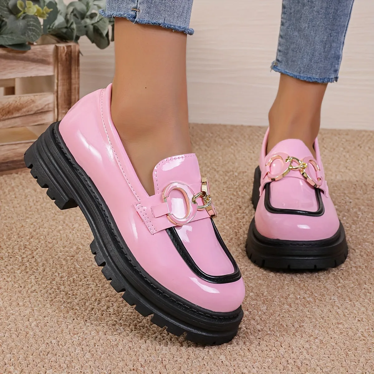 Women's Chain Decor Platform Loafers, Fashion Preppy Style Dress Shoes, Comfortable Slip On Shoes